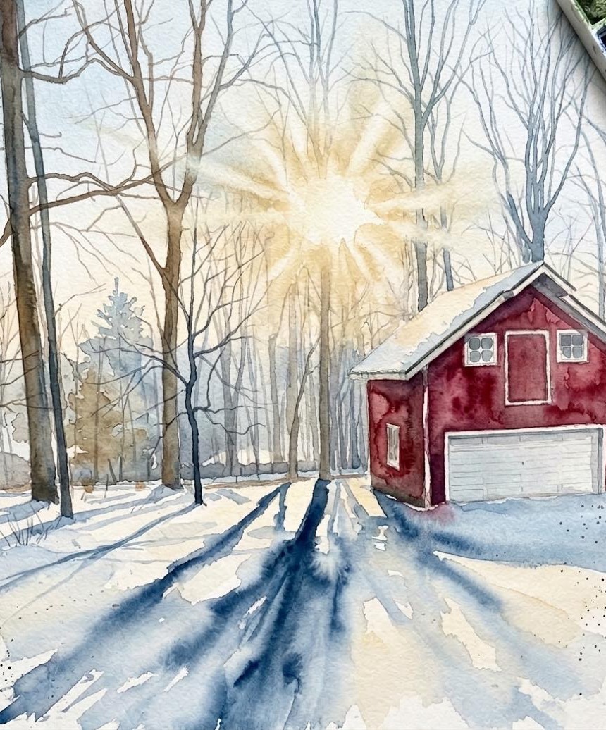 Watercolor painting of the barn at Round Top Labs